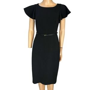 Calvin Klein Womens Sheath Dress Flutter Sleeve Black Belted Knee Length Size 6